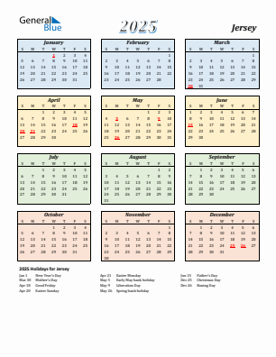 Jersey current year calendar 2025 with holidays