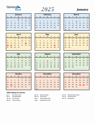 Jamaica current year calendar 2025 with holidays