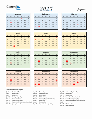 Japan current year calendar 2025 with holidays