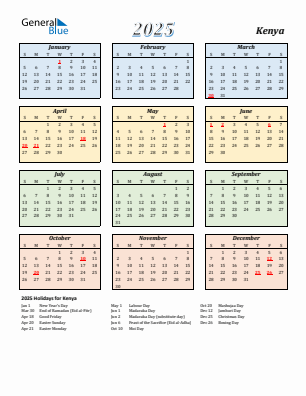 Kenya current year calendar 2025 with holidays