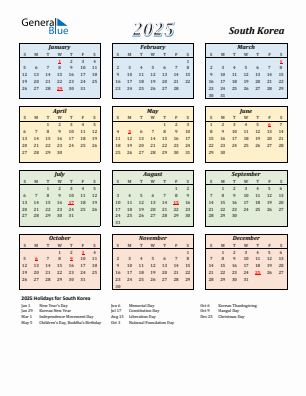 South Korea current year calendar 2025 with holidays