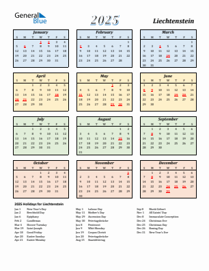 Liechtenstein current year calendar 2025 with holidays