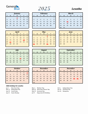 Lesotho current year calendar 2025 with holidays