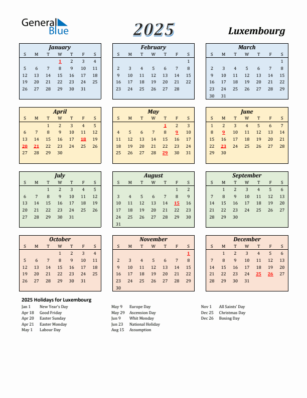 Luxembourg Calendar 2025 with Sunday Start