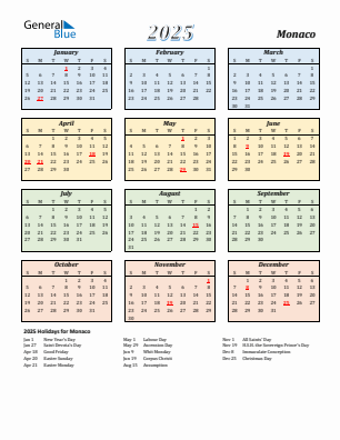 Monaco current year calendar 2025 with holidays