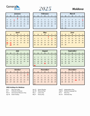 Moldova current year calendar 2025 with holidays