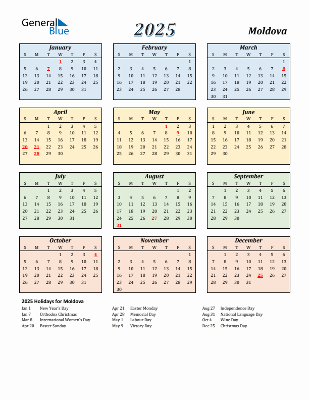 Moldova Calendar 2025 with Sunday Start