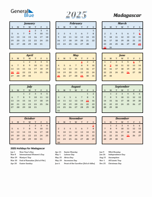 Madagascar current year calendar 2025 with holidays