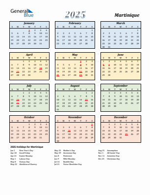 Martinique current year calendar 2025 with holidays