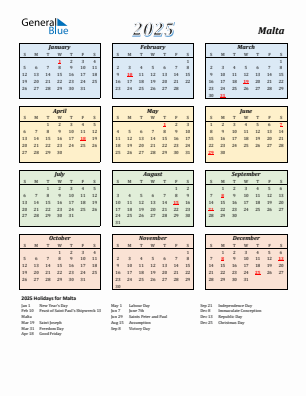 Malta current year calendar 2025 with holidays