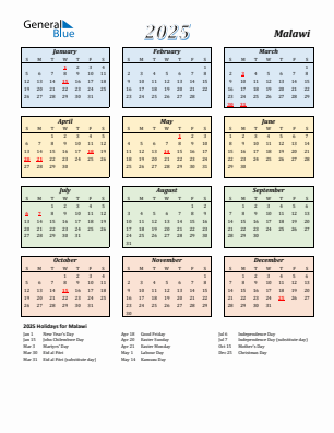 Malawi current year calendar 2025 with holidays