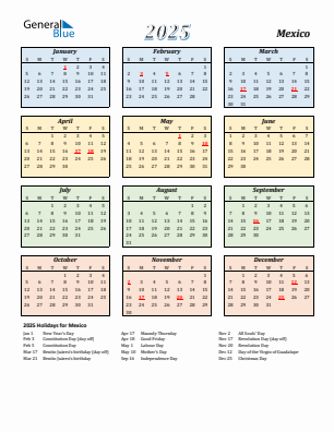 Mexico current year calendar 2025 with holidays