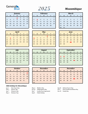 Mozambique current year calendar 2025 with holidays