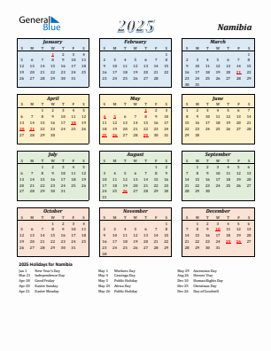 Namibia current year calendar 2025 with holidays