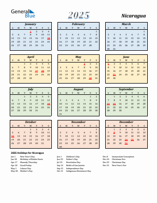 Nicaragua current year calendar 2025 with holidays