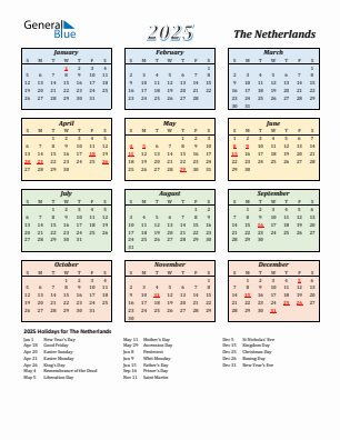 The Netherlands current year calendar 2025 with holidays