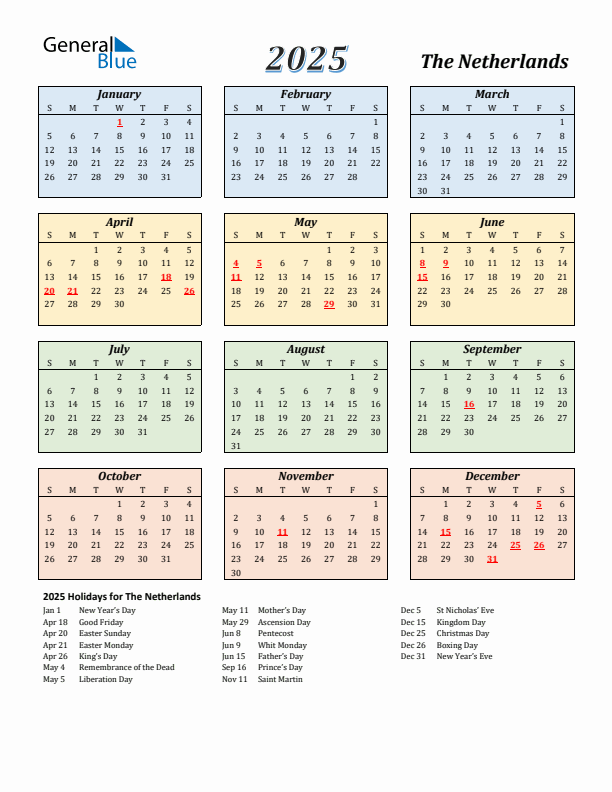 The Netherlands Calendar 2025 with Sunday Start