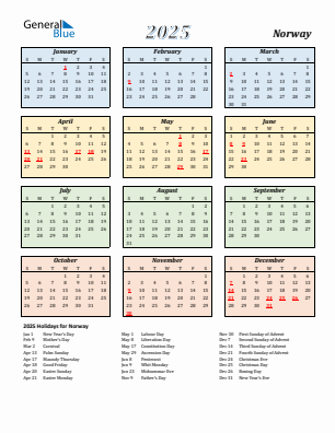 Norway current year calendar 2025 with holidays