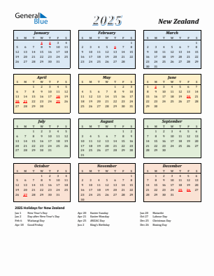 New Zealand current year calendar 2025 with holidays