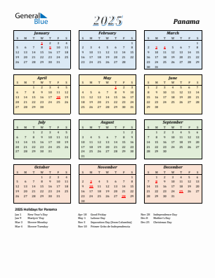 Panama current year calendar 2025 with holidays