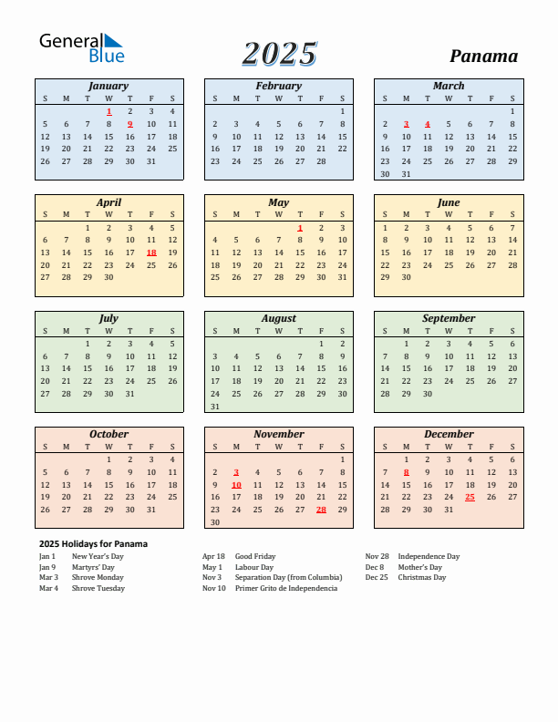 Panama Calendar 2025 with Sunday Start