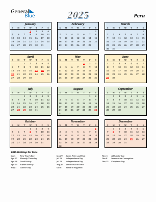 Peru current year calendar 2025 with holidays