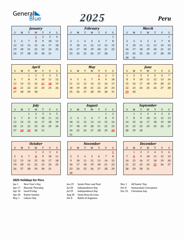 Peru Calendar 2025 with Sunday Start