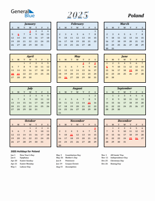 Poland current year calendar 2025 with holidays