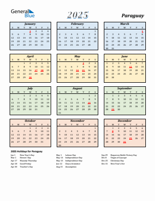 Paraguay current year calendar 2025 with holidays