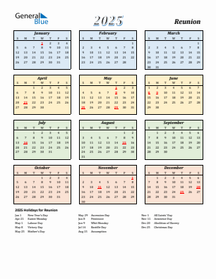 Reunion current year calendar 2025 with holidays