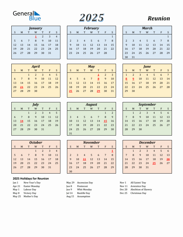 Reunion Calendar 2025 with Sunday Start