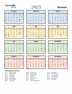 Romania current year calendar 2025 with holidays