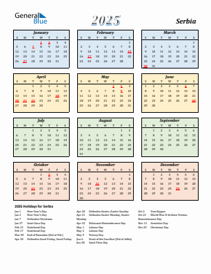 Serbia current year calendar 2025 with holidays