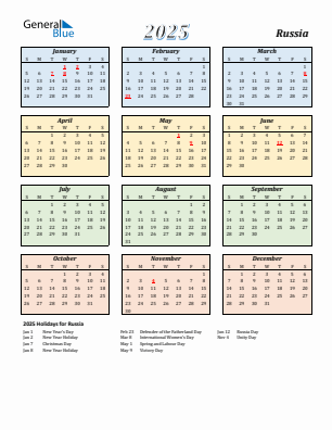 Russia current year calendar 2025 with holidays