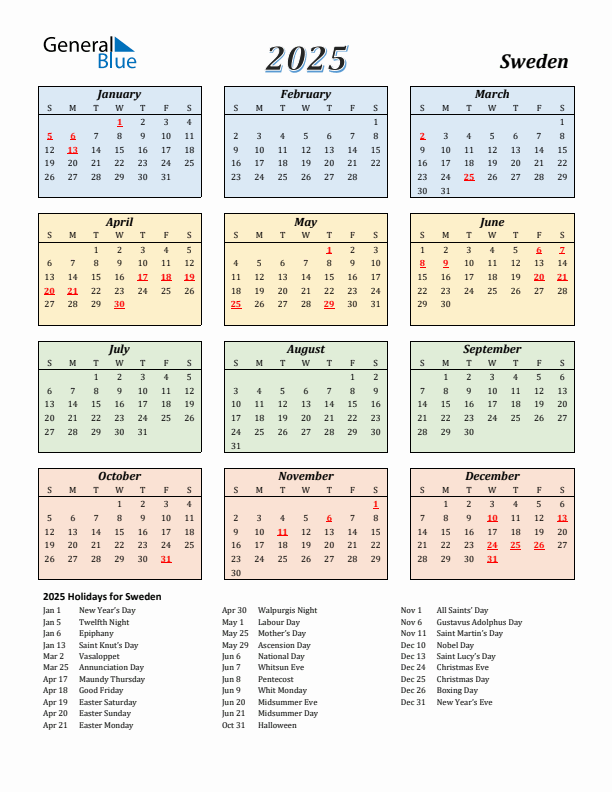 Sweden Calendar 2025 with Sunday Start