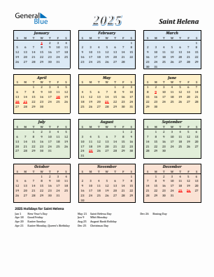 Saint Helena current year calendar 2025 with holidays