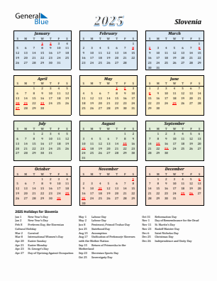 Slovenia current year calendar 2025 with holidays