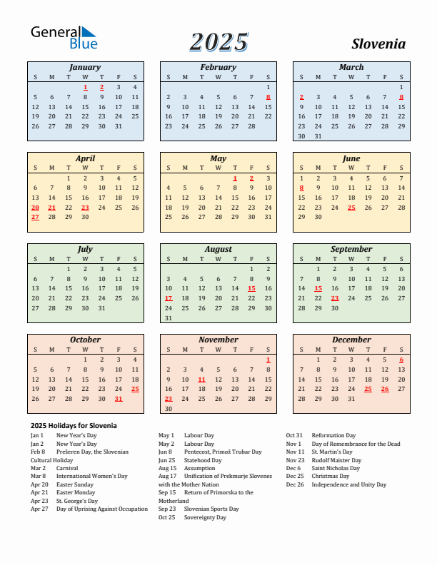 Slovenia Calendar 2025 with Sunday Start