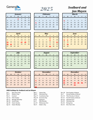 Svalbard and Jan Mayen current year calendar 2025 with holidays