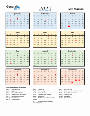 San Marino current year calendar 2025 with holidays