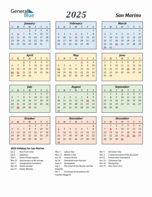 San Marino Calendar 2025 with Sunday Start