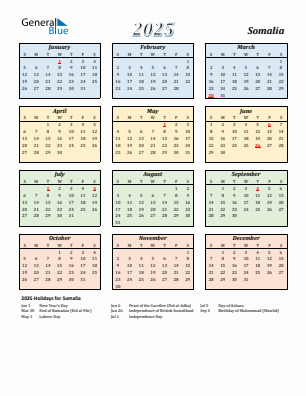 Somalia current year calendar 2025 with holidays