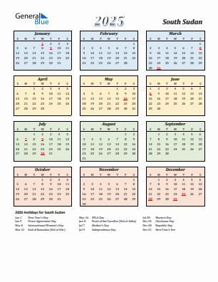 South Sudan current year calendar 2025 with holidays