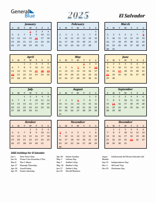 El Salvador current year calendar 2025 with holidays