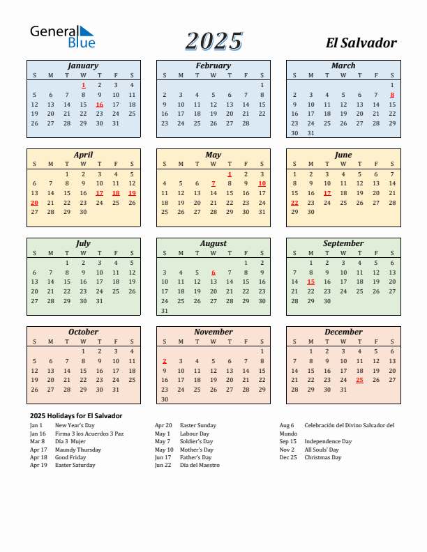 El Salvador Calendar 2025 with Sunday Start