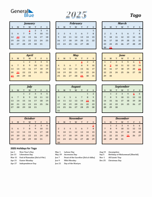 Togo current year calendar 2025 with holidays