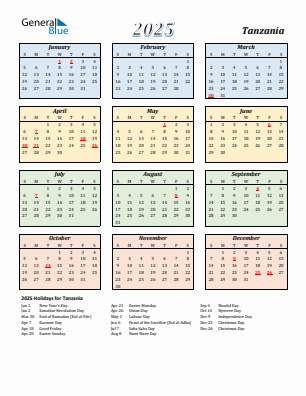 Tanzania current year calendar 2025 with holidays