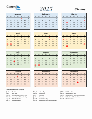 Ukraine current year calendar 2025 with holidays