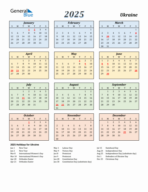 Ukraine Calendar 2025 with Sunday Start