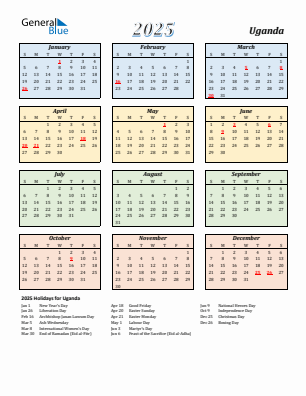 Uganda current year calendar 2025 with holidays